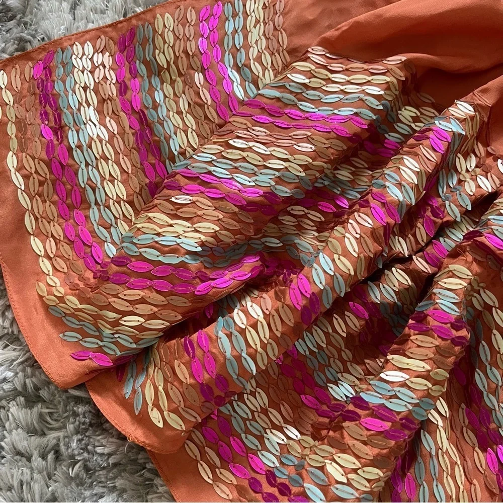 Mariela Burani 100% Orange Silk Multipurpose Scarf Shawl Wrap Holiday Party Vtg